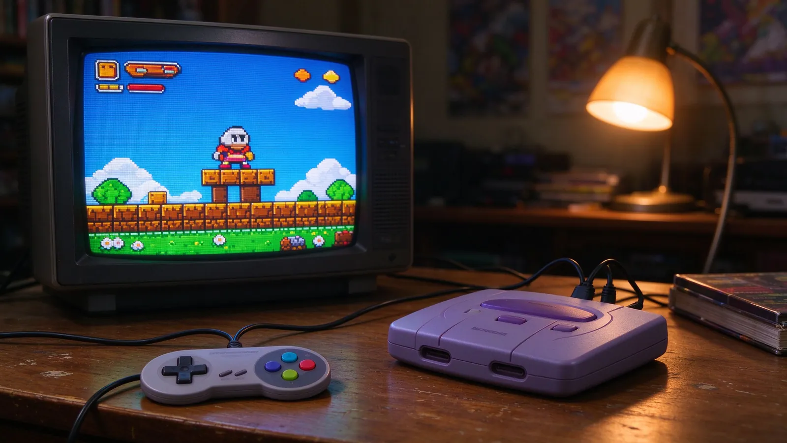 A gray 16-bit home console with a controller on a wooden desk beside a CRT showing a colorful pixel platformer.