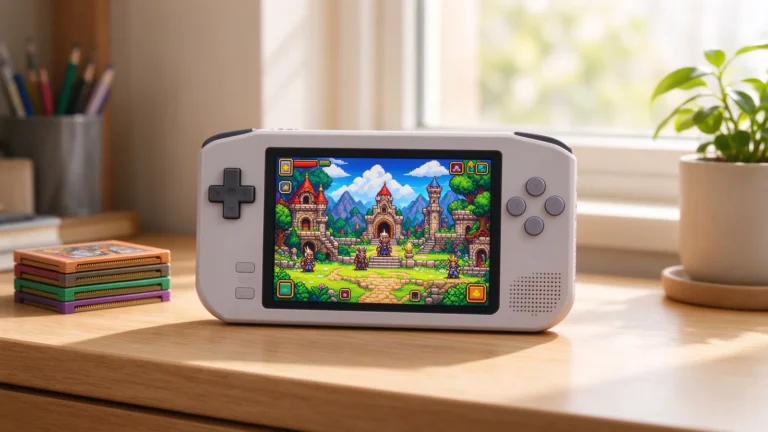 A compact handheld console with a small stack of game cartridges on a light desk under warm window light.