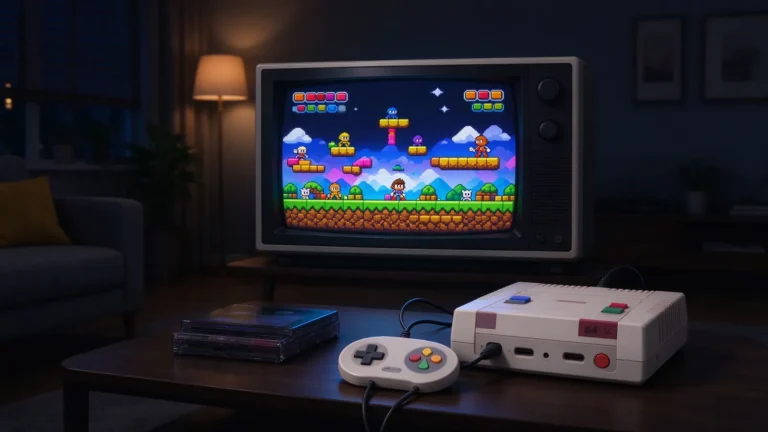 A dark living room scene with a retro 64-bit console, three-prong controller and a television showing a colorful 3D platformer.