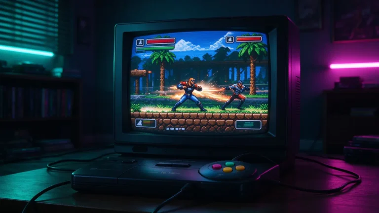 A black 16-bit console with a six-button controller, a CRT showing a fast scrolling action game under neon glow.