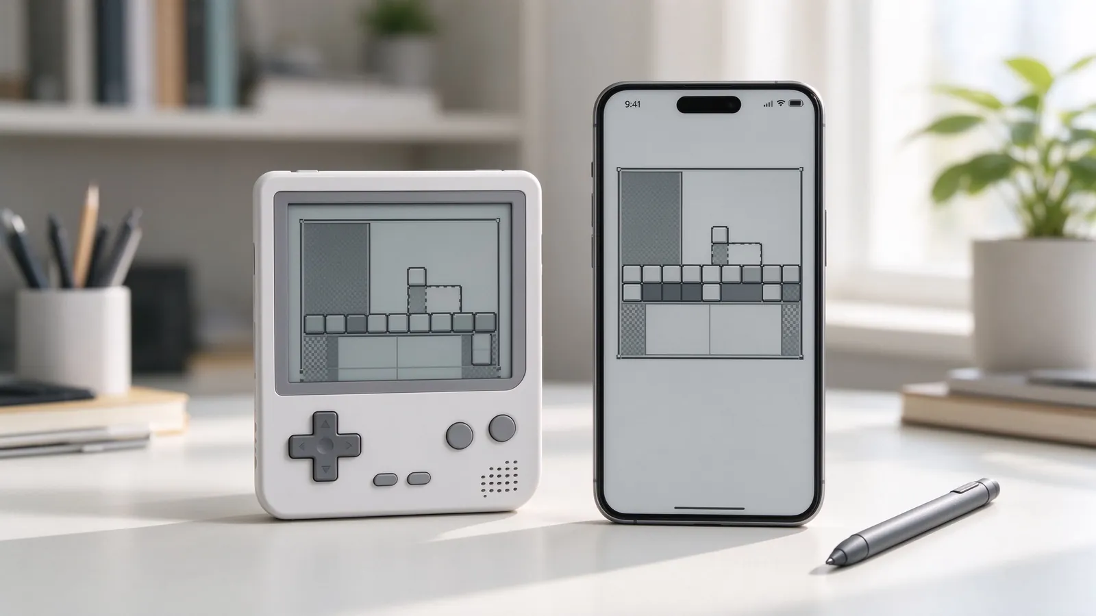 A small handheld console next to a smartphone showing a pixel game, with a stylus and soft daylight on a desk.
