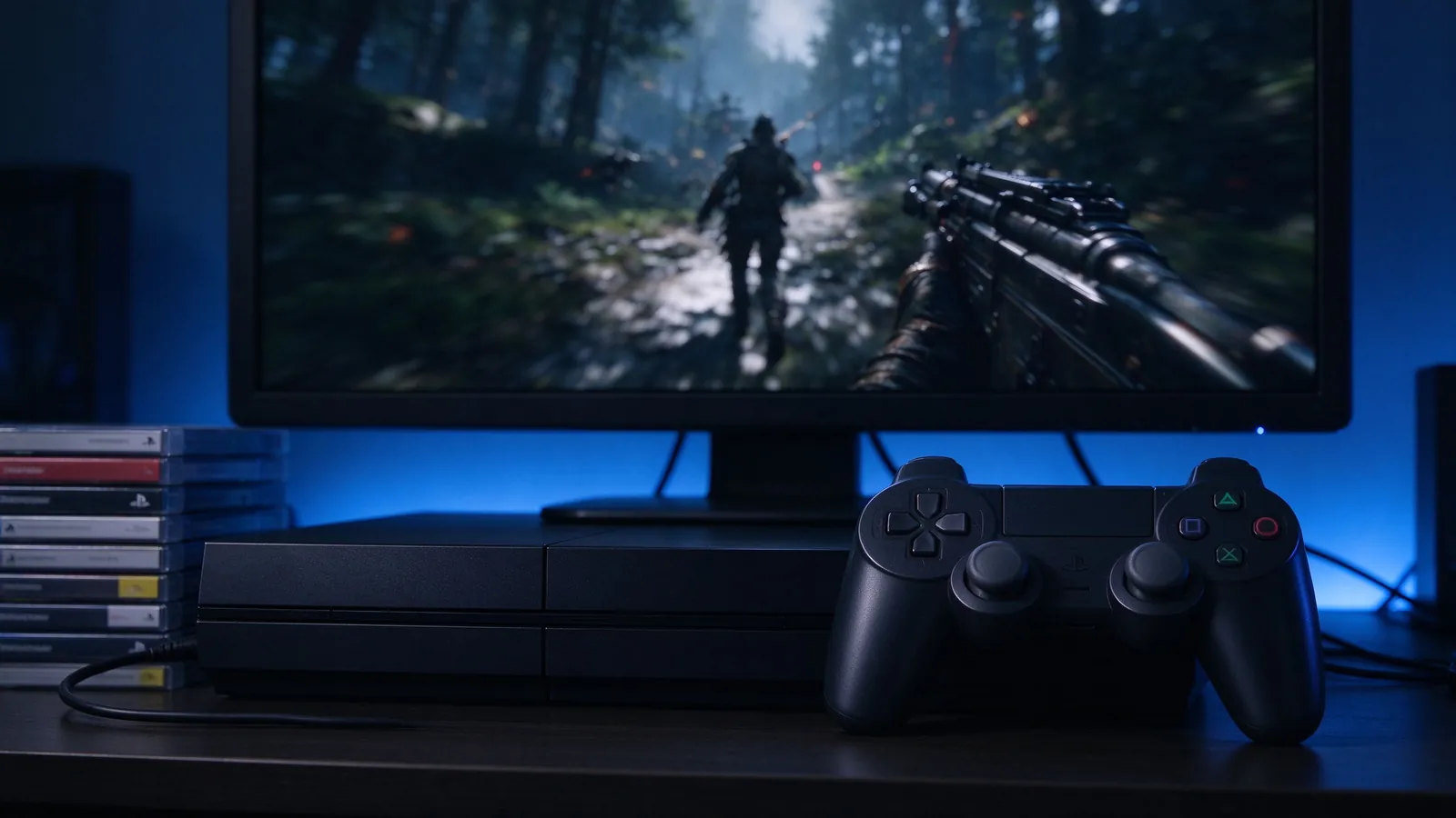 A slim black DVD-era console with a dual analog controller and a stack of game cases under moody blue light.