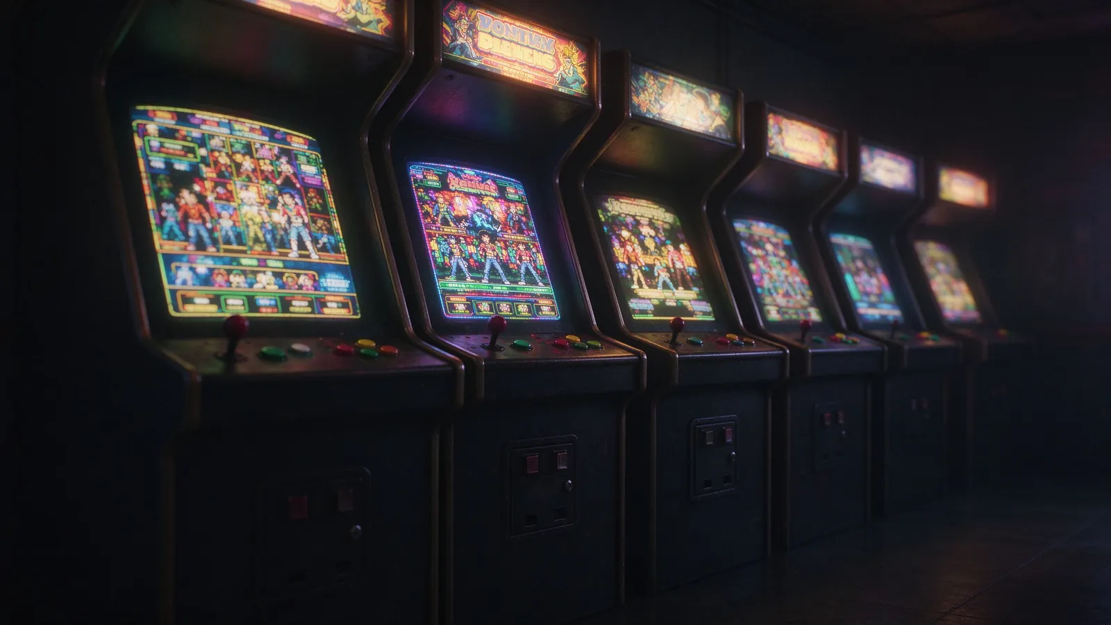 A row of glowing vintage arcade cabinets in a dark hall, moody side lighting, no readable text on screens.
