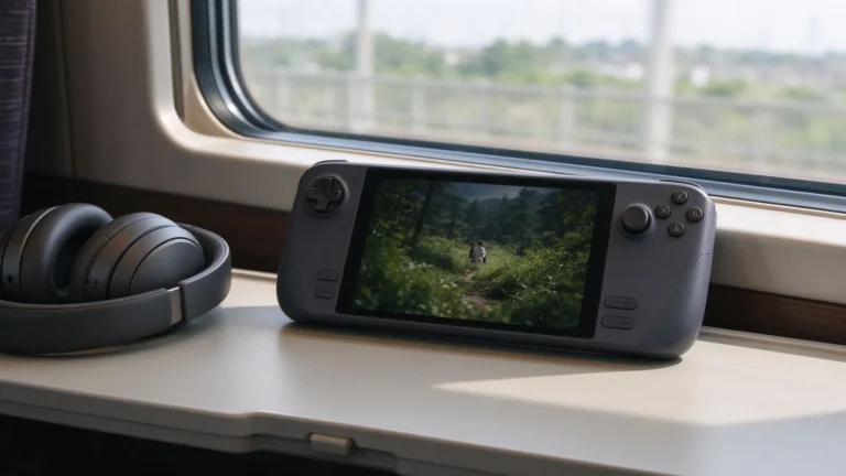 A wide-screen handheld device resting on a train tray table beside headphones, soft window daylight.