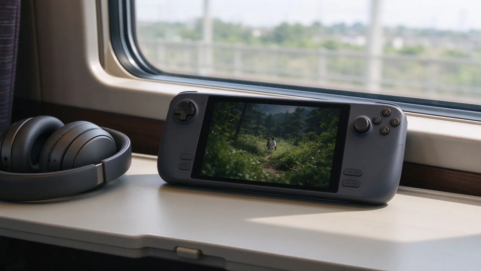 A wide-screen handheld device resting on a train tray table beside headphones, soft window daylight.