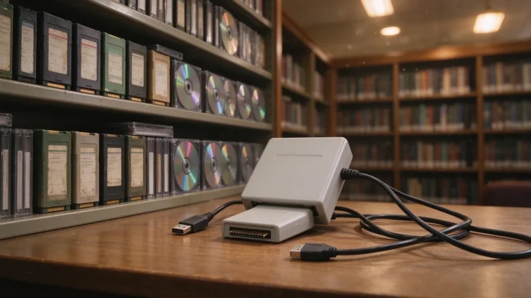 Shelves of old cartridges and discs beside a dumping setup on a wooden desk, warm library lighting, archival mood.
