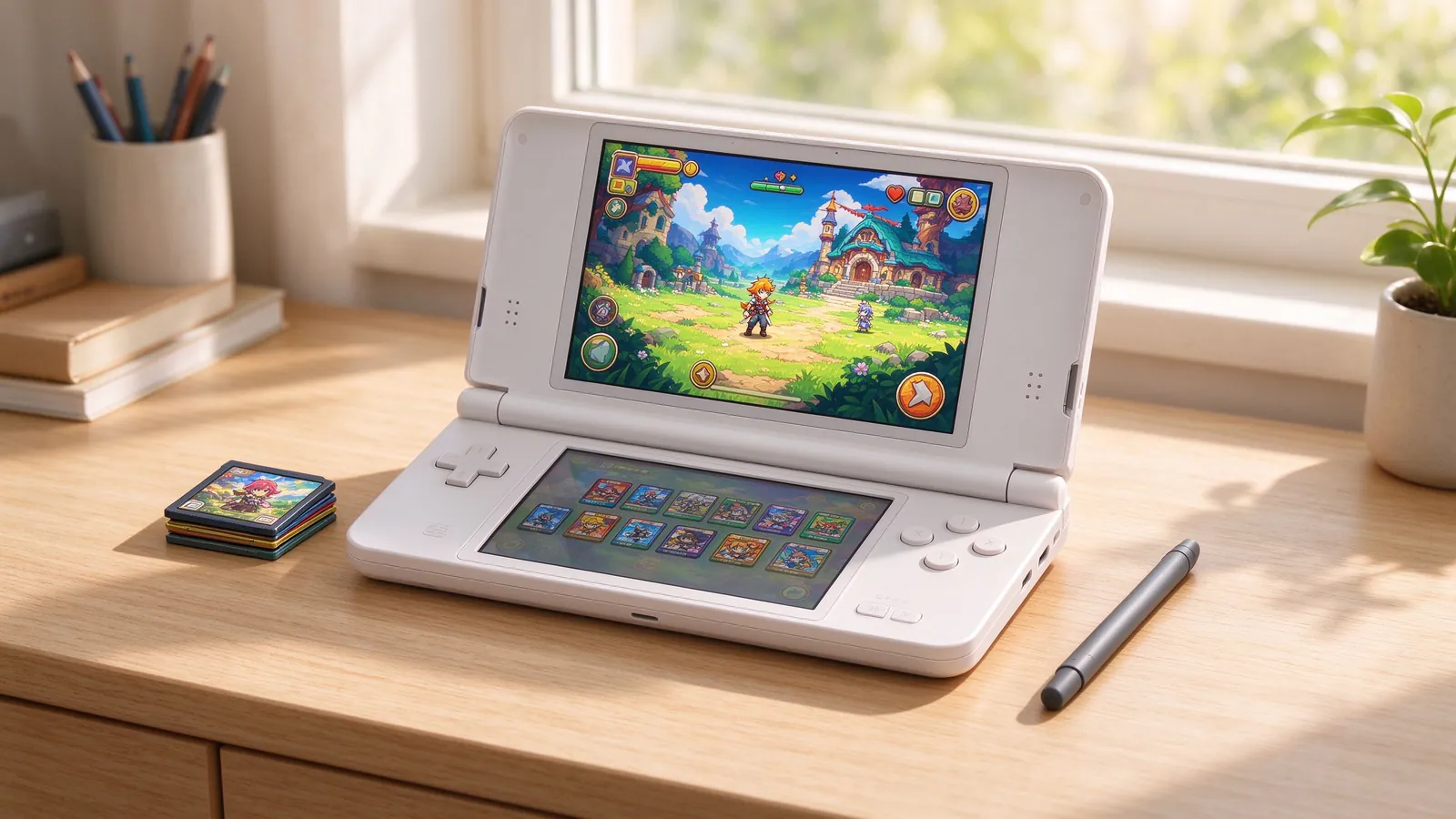 An open dual-screen handheld console on a wooden desk with a stylus and a stack of small game cards.