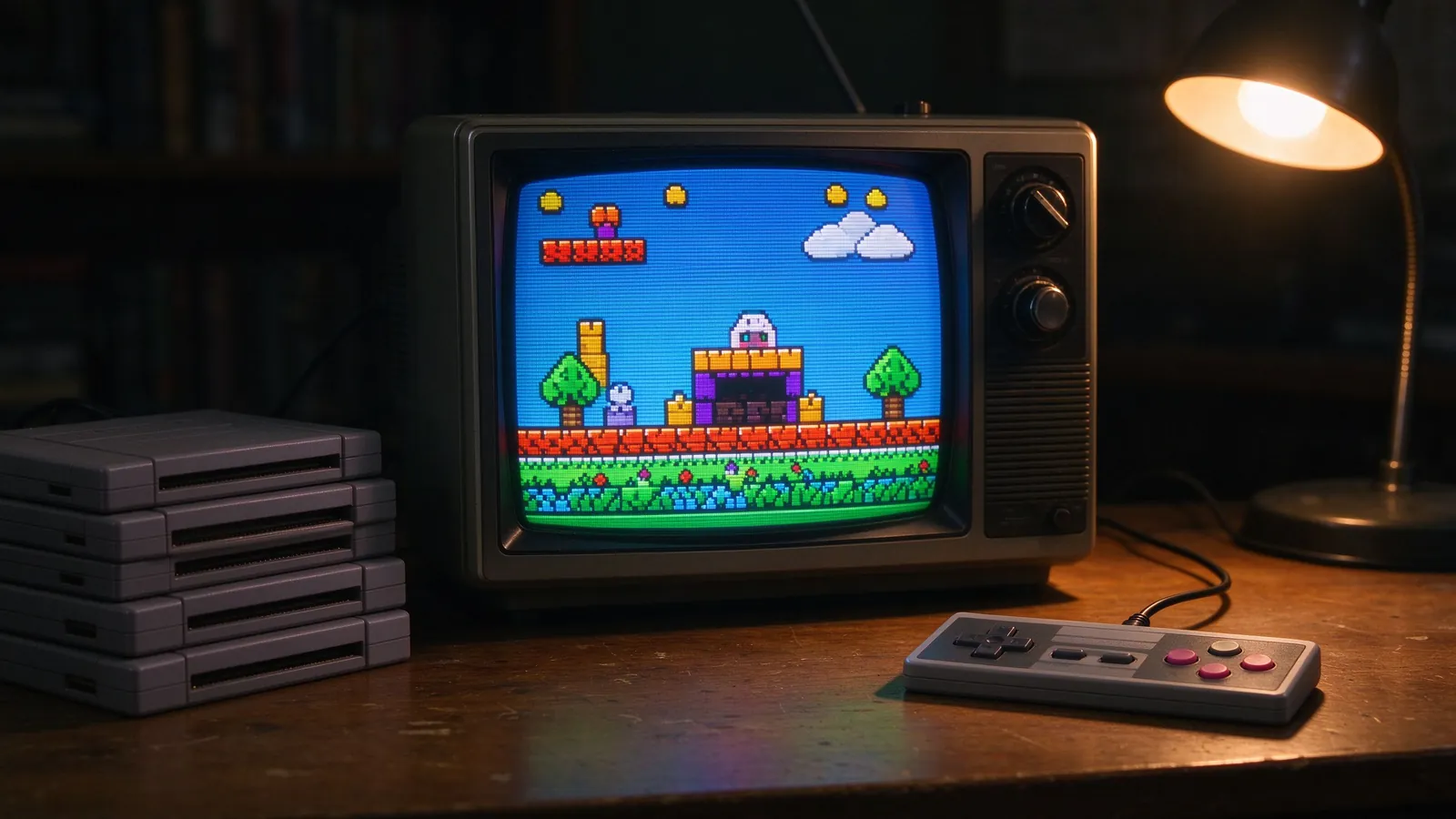 A cozy retro desk scene with an old television showing 8-bit pixel games and cartridges beside a gamepad.
