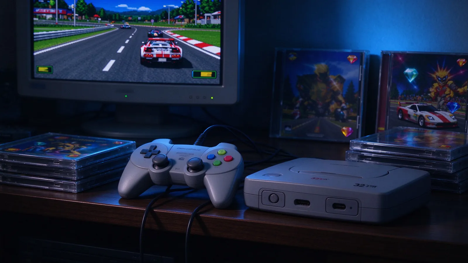 A retro gray 32-bit console with its controller and CD game cases under warm light.